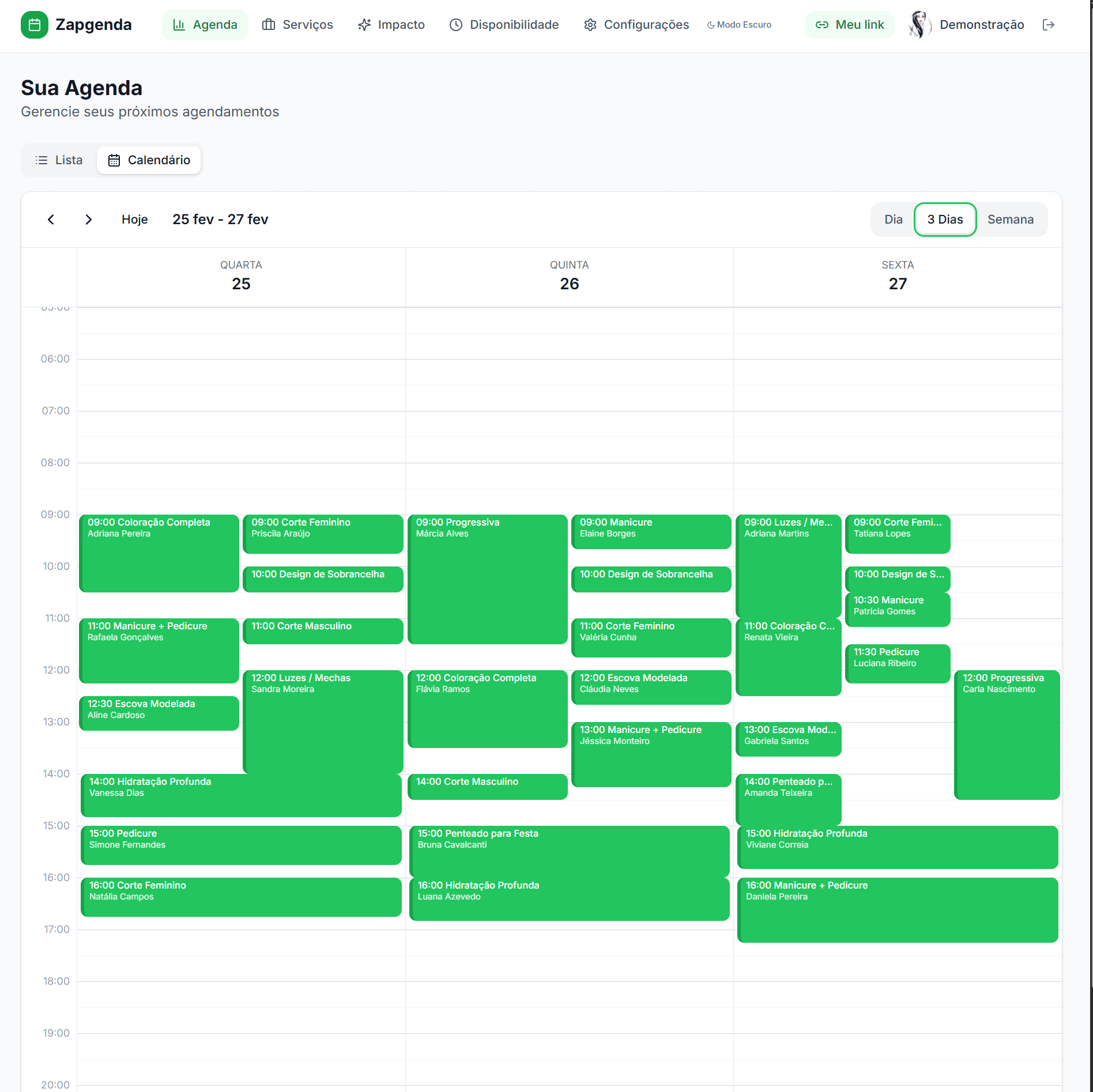Calendário semanal do Zapgenda com agendamentos reais